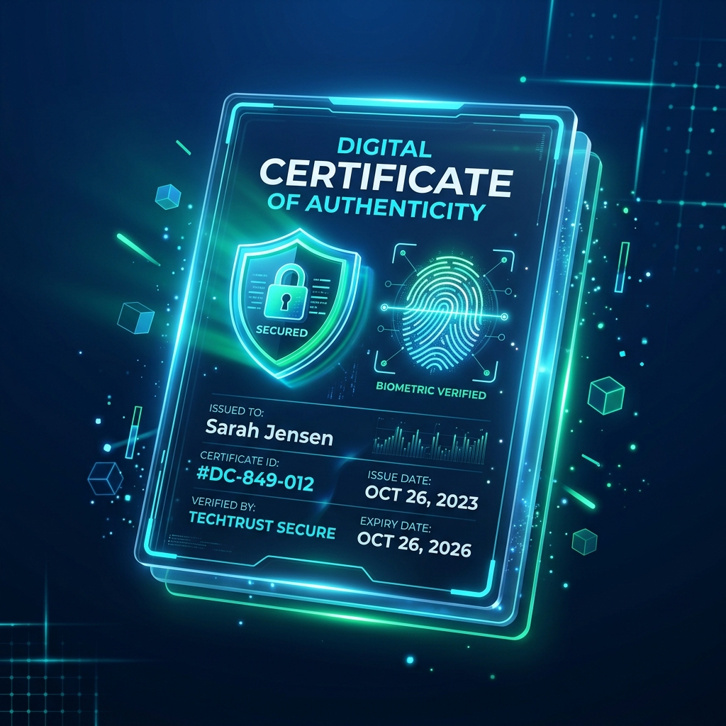 Ilustração tridimensional e moderna de um certificado digital e-CNPJ brilhando sob um escudo de segurança cibernética e biometria digital.